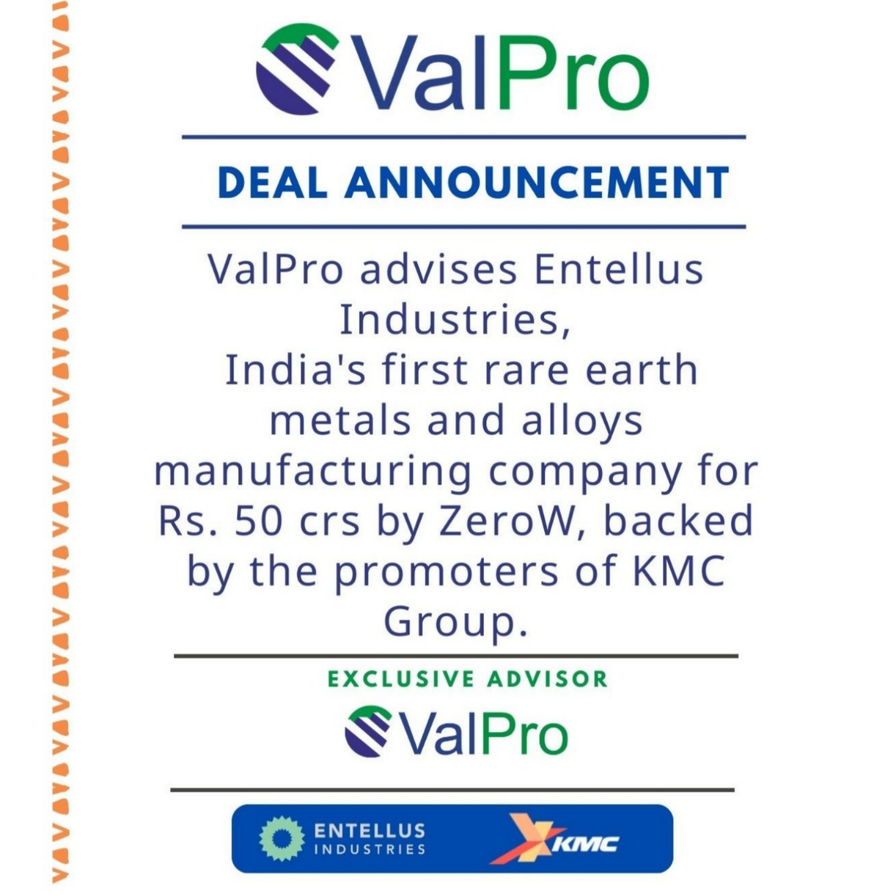 ValPro Advises Entellus Industries on USD 5.5 Million Fundraise Led by ZeroW by KMC and Angel Investors